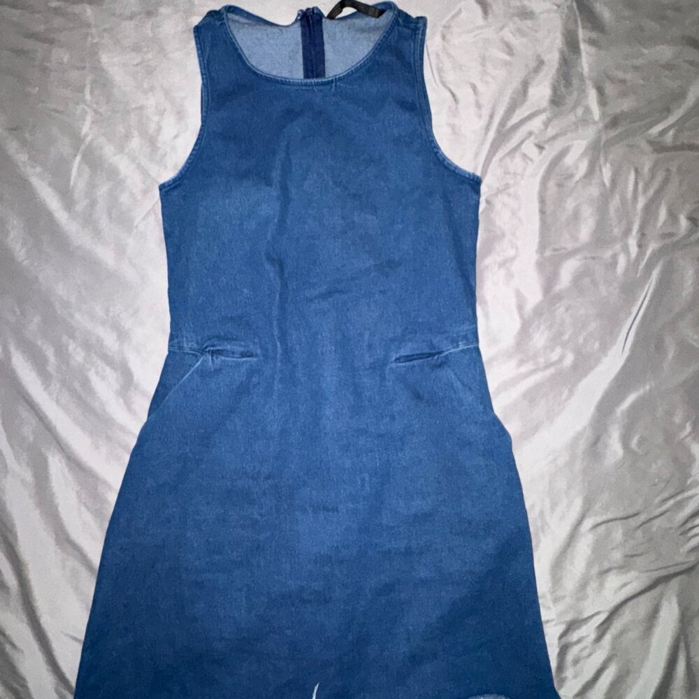 Zara Trafaluc Denim Mini Dress Sleeveless Raw Hem Blue Size S/M